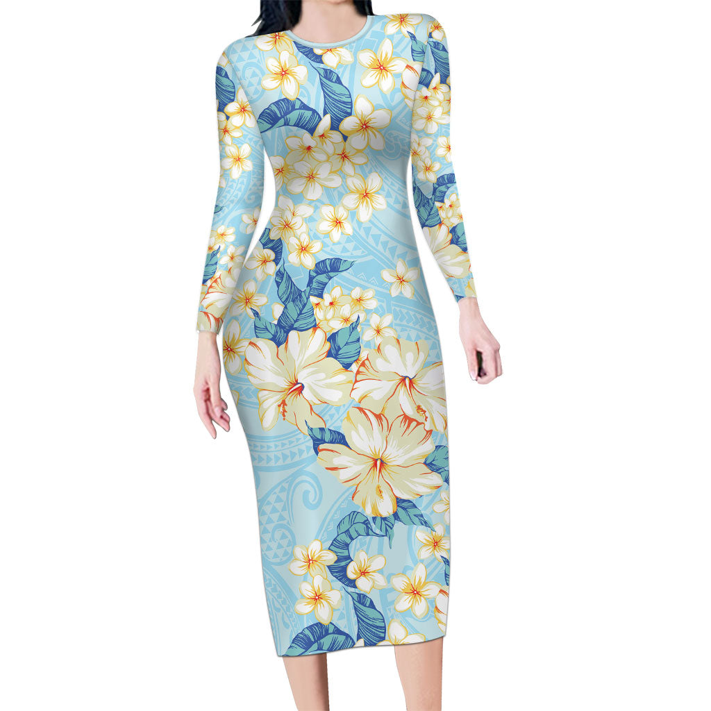Hawaii Hibiscus Plumeria Blue Long Sleeve Bodycon Dress Polynesian Pattern