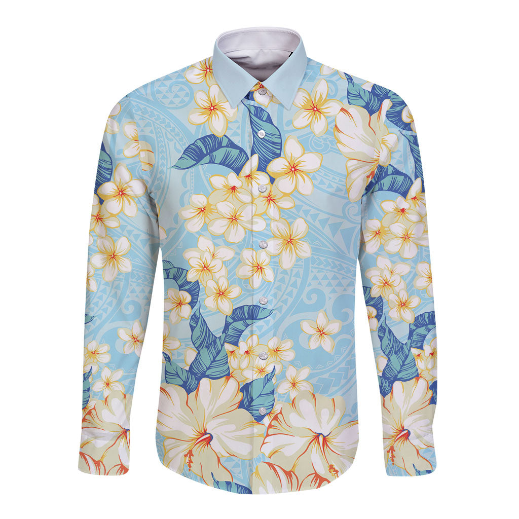 Hawaii Hibiscus Plumeria Blue Long Sleeve Button Shirt Polynesian Pattern LT01 Unisex Blue - Polynesian Pride