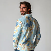 Hawaii Hibiscus Plumeria Blue Long Sleeve Polo Shirt Polynesian Pattern