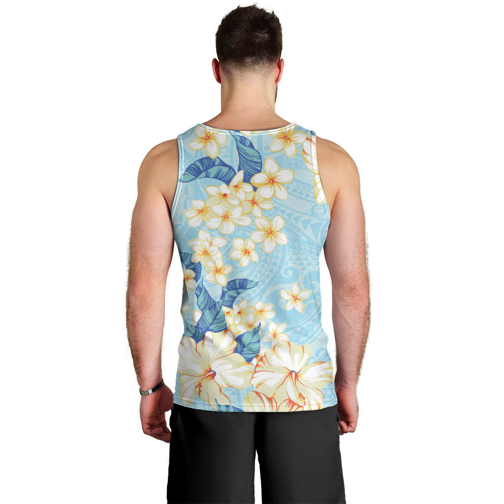 Hawaii Hibiscus Plumeria Blue Men Tank Top Polynesian Pattern