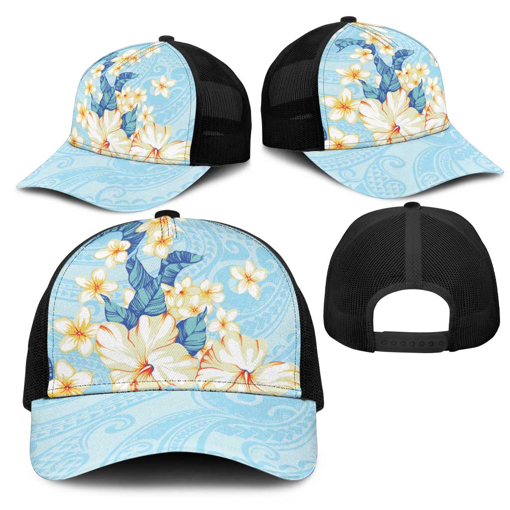 Hawaii Hibiscus Plumeria Blue Mesh Trucker Cap Polynesian Pattern LT01 - Polynesian Pride