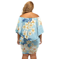 Hawaii Hibiscus Plumeria Blue Off Shoulder Short Dress Polynesian Pattern