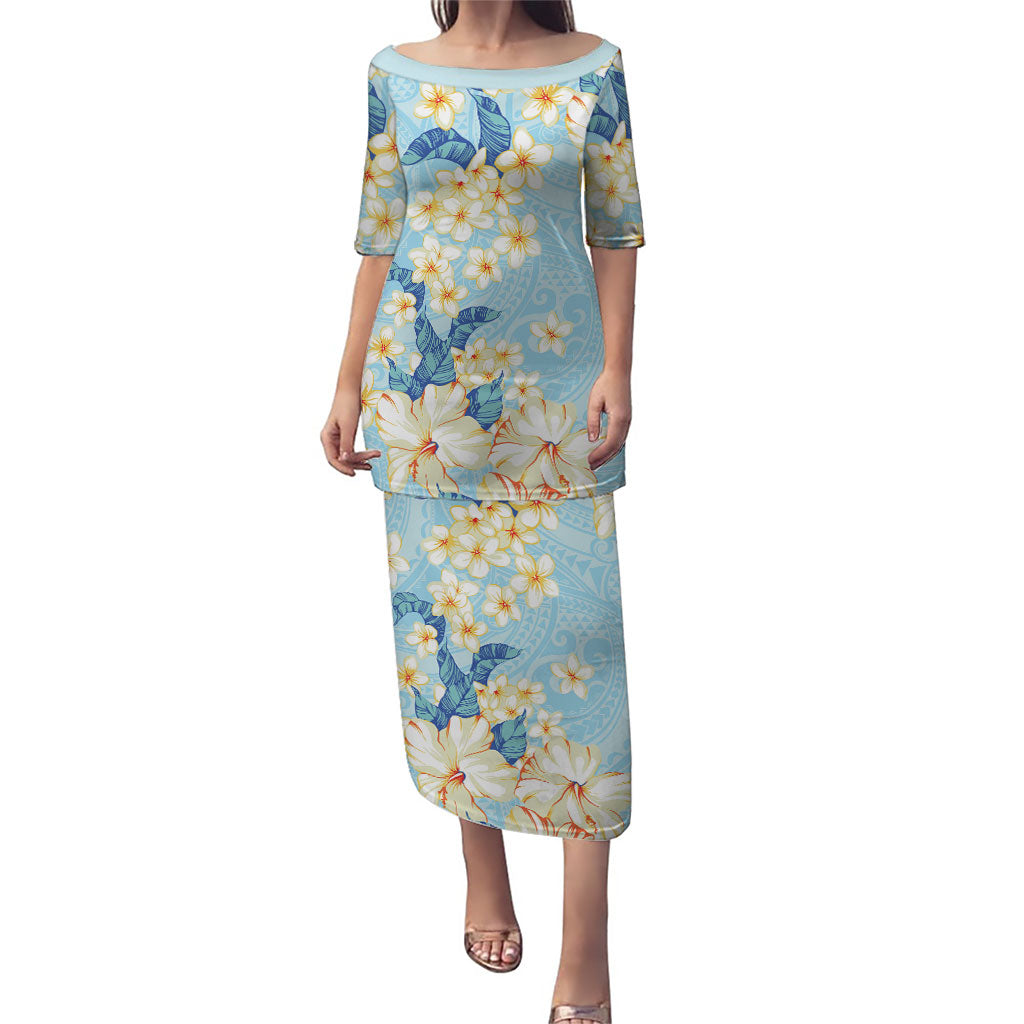 Hawaii Hibiscus Plumeria Blue Puletasi Polynesian Pattern LT01 Long Dress Blue - Polynesian Pride