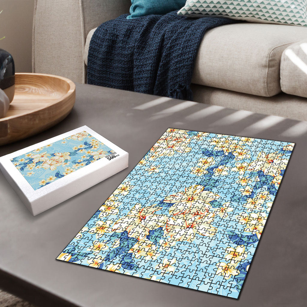 Hawaii Hibiscus Plumeria Blue Puzzle Polynesian Pattern