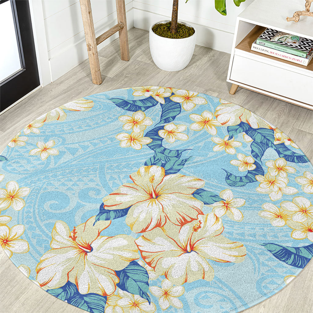 Hawaii Hibiscus Plumeria Blue Round Carpet Polynesian Pattern LT01 Blue - Polynesian Pride