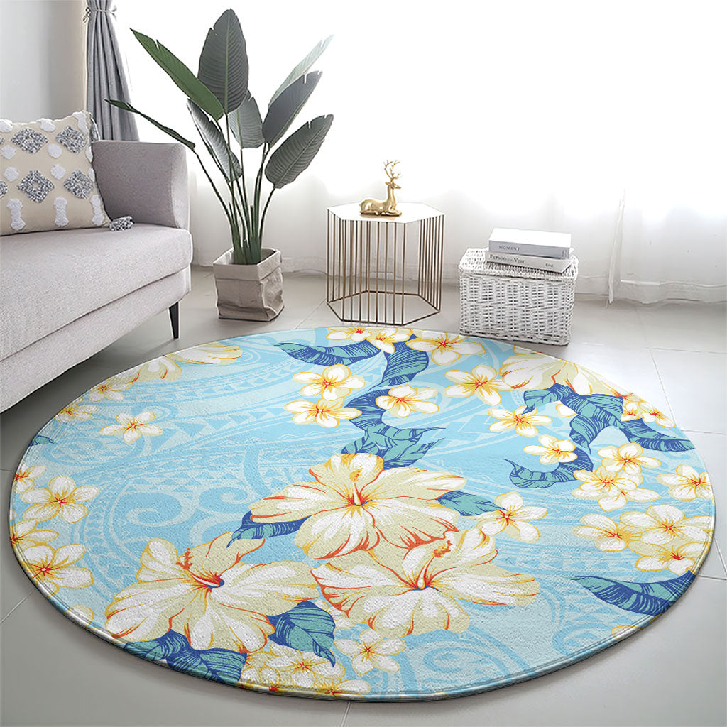 Hawaii Hibiscus Plumeria Blue Round Carpet Polynesian Pattern LT01 - Polynesian Pride