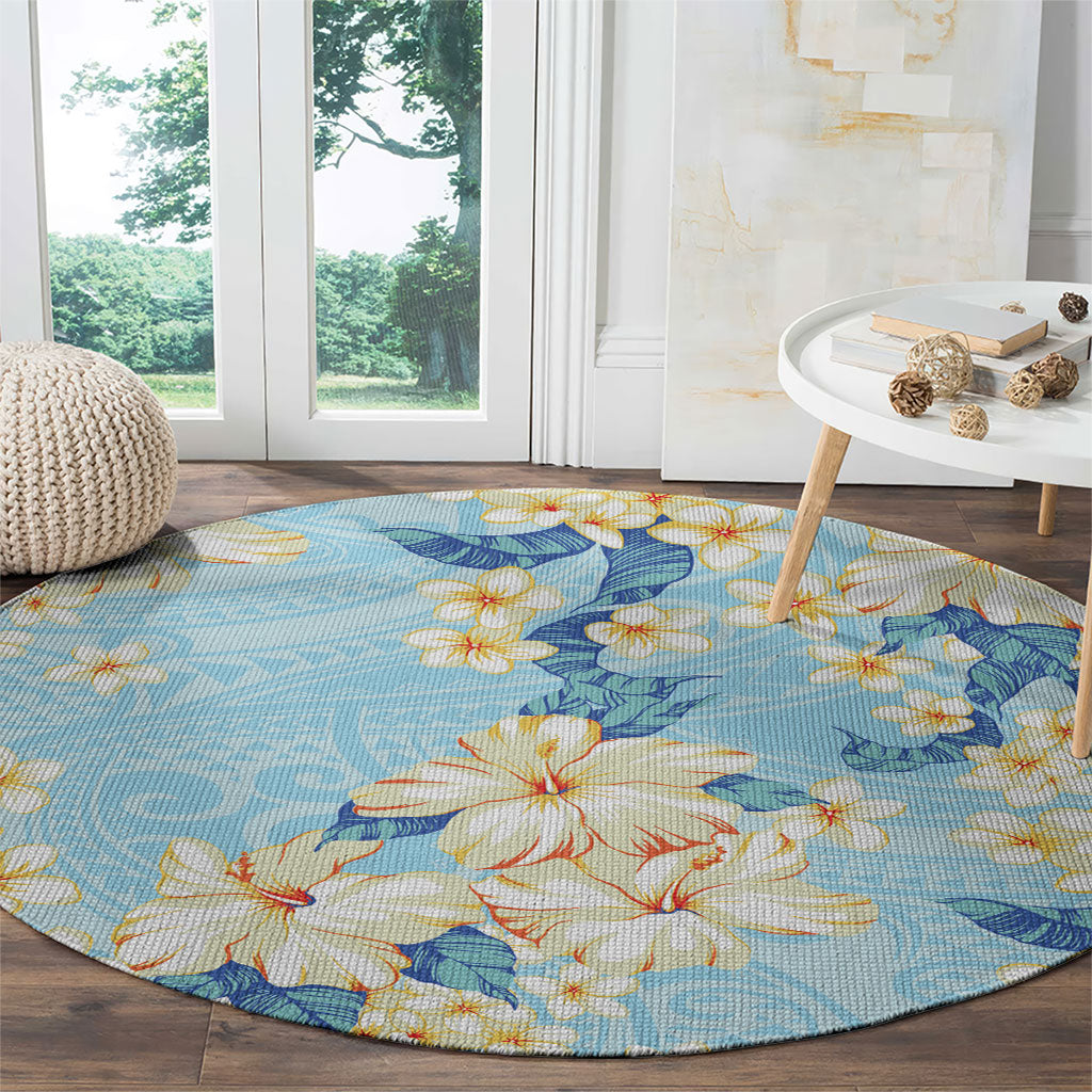 Hawaii Hibiscus Plumeria Blue Round Carpet Polynesian Pattern LT01 - Polynesian Pride