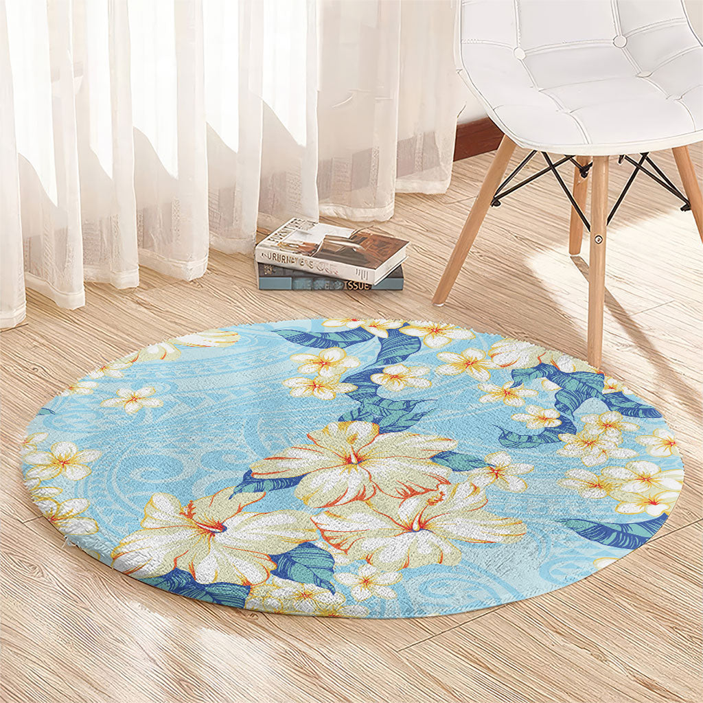 Hawaii Hibiscus Plumeria Blue Round Carpet Polynesian Pattern LT01 - Polynesian Pride