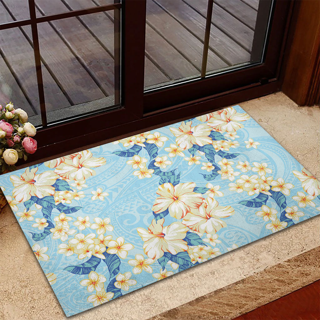 Hawaii Hibiscus Plumeria Blue Rubber Doormat Polynesian Pattern LT01 - Polynesian Pride