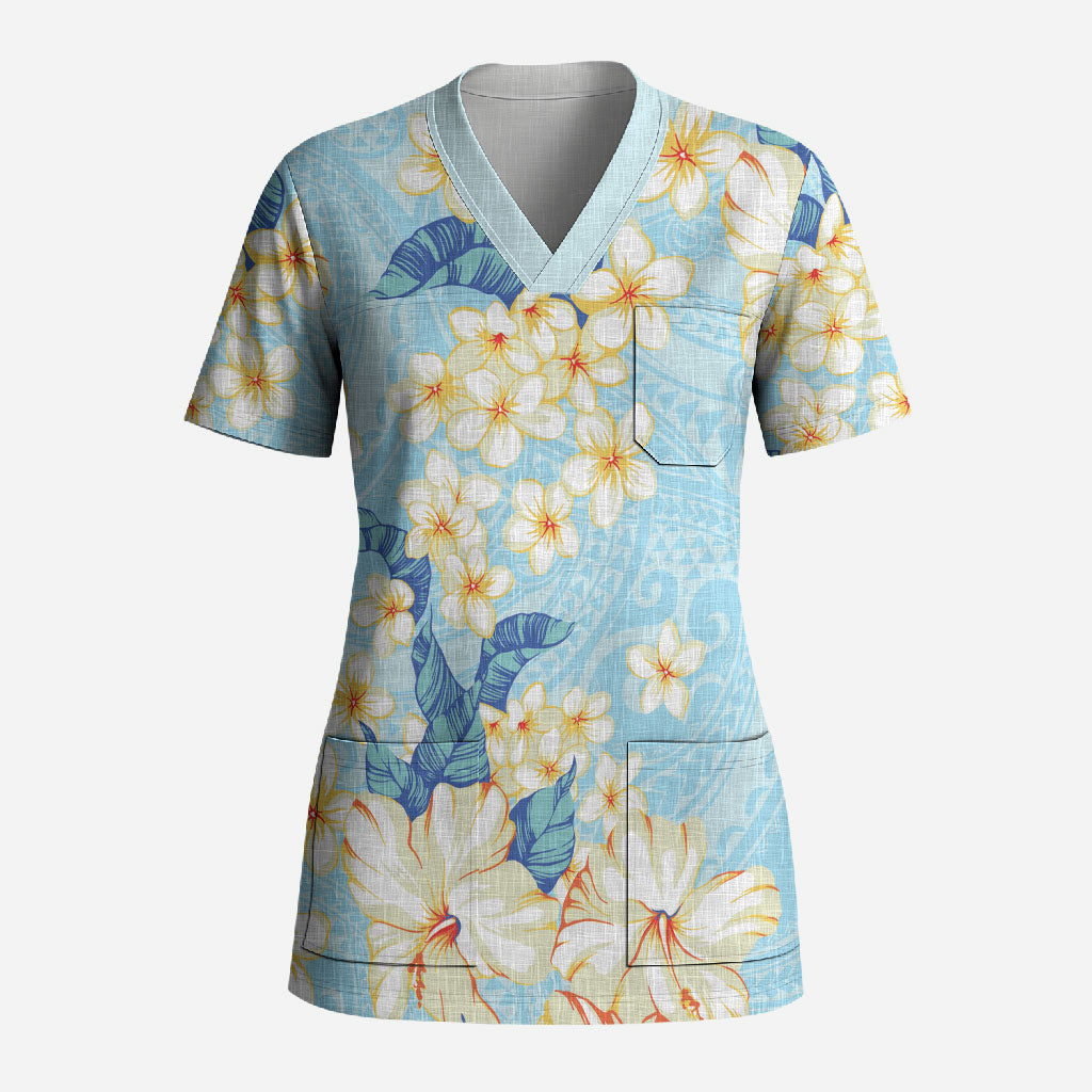 Hawaii Hibiscus Plumeria Blue Scrub Top Polynesian Pattern LT01 Adult Blue - Polynesian Pride