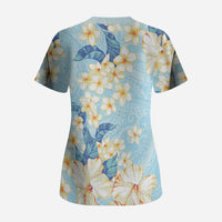 Hawaii Hibiscus Plumeria Blue Scrub Top Polynesian Pattern LT01 - Polynesian Pride