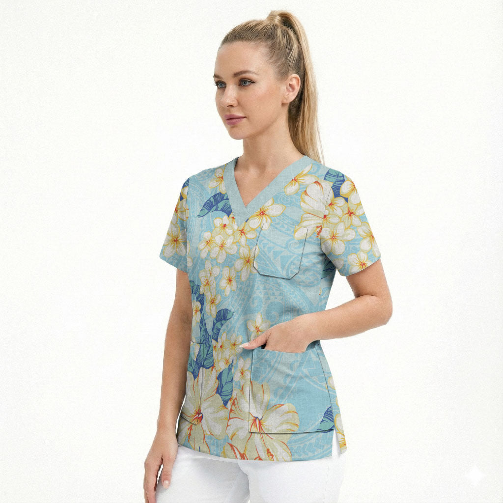 Hawaii Hibiscus Plumeria Blue Scrub Top Polynesian Pattern LT01 - Polynesian Pride