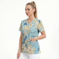 Hawaii Hibiscus Plumeria Blue Scrub Top Polynesian Pattern LT01 - Polynesian Pride