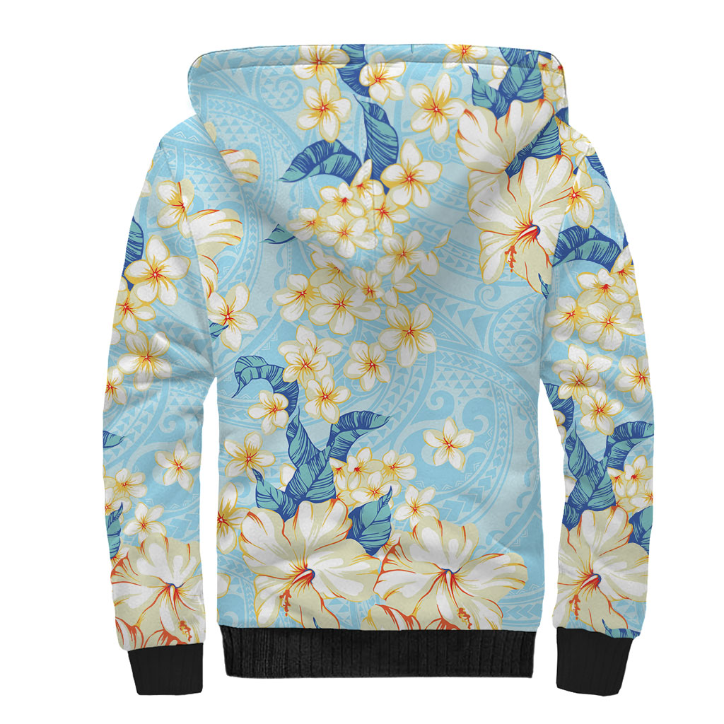 Hawaii Hibiscus Plumeria Blue Sherpa Hoodie Polynesian Pattern