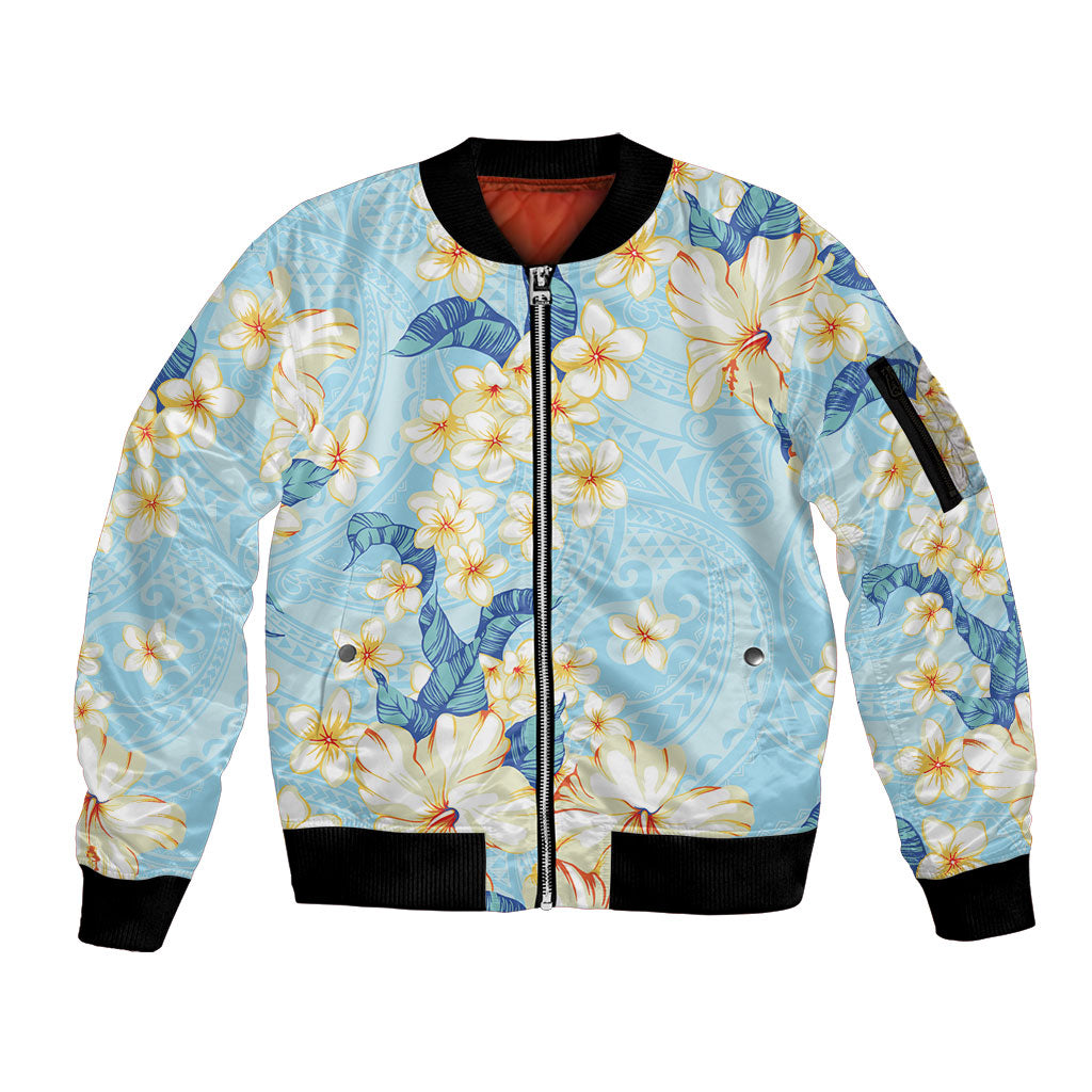 Hawaii Hibiscus Plumeria Blue Sleeve Zip Bomber Jacket Polynesian Pattern