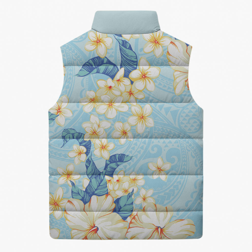 Hawaii Hibiscus Plumeria Blue Sleeveless Puffer Jacket Polynesian Pattern LT01 - Polynesian Pride