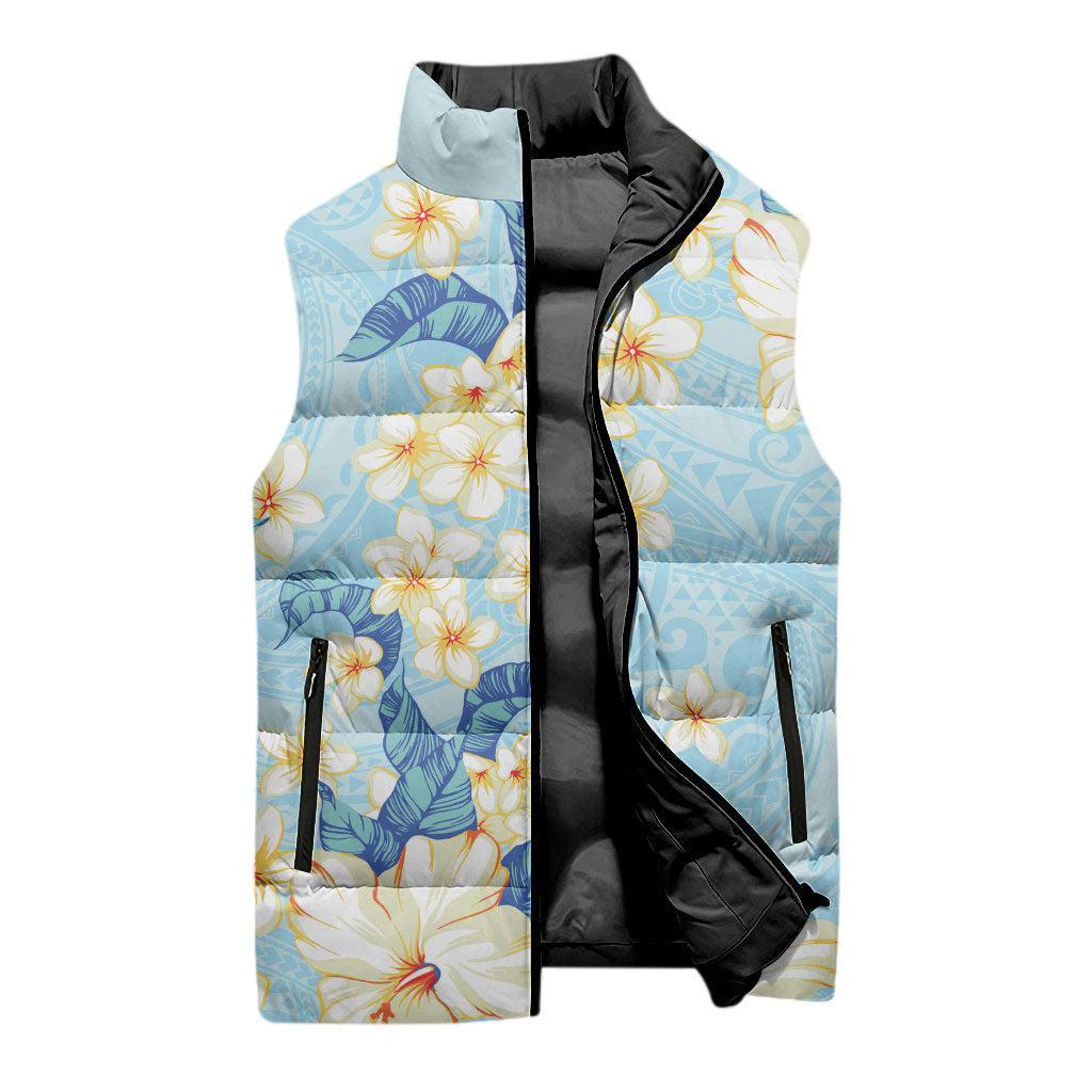 Hawaii Hibiscus Plumeria Blue Sleeveless Puffer Jacket Polynesian Pattern LT01 - Polynesian Pride