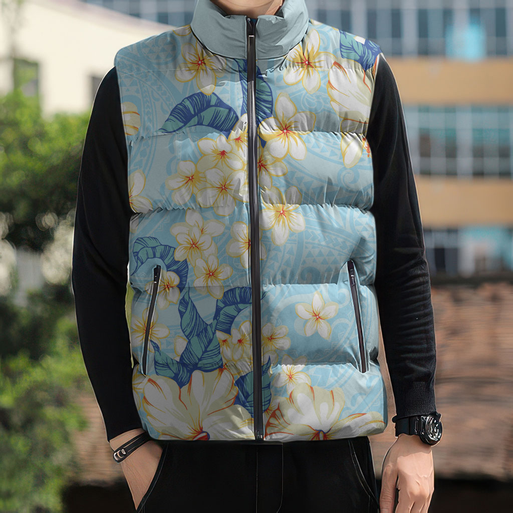 Hawaii Hibiscus Plumeria Blue Sleeveless Puffer Jacket Polynesian Pattern LT01 - Polynesian Pride