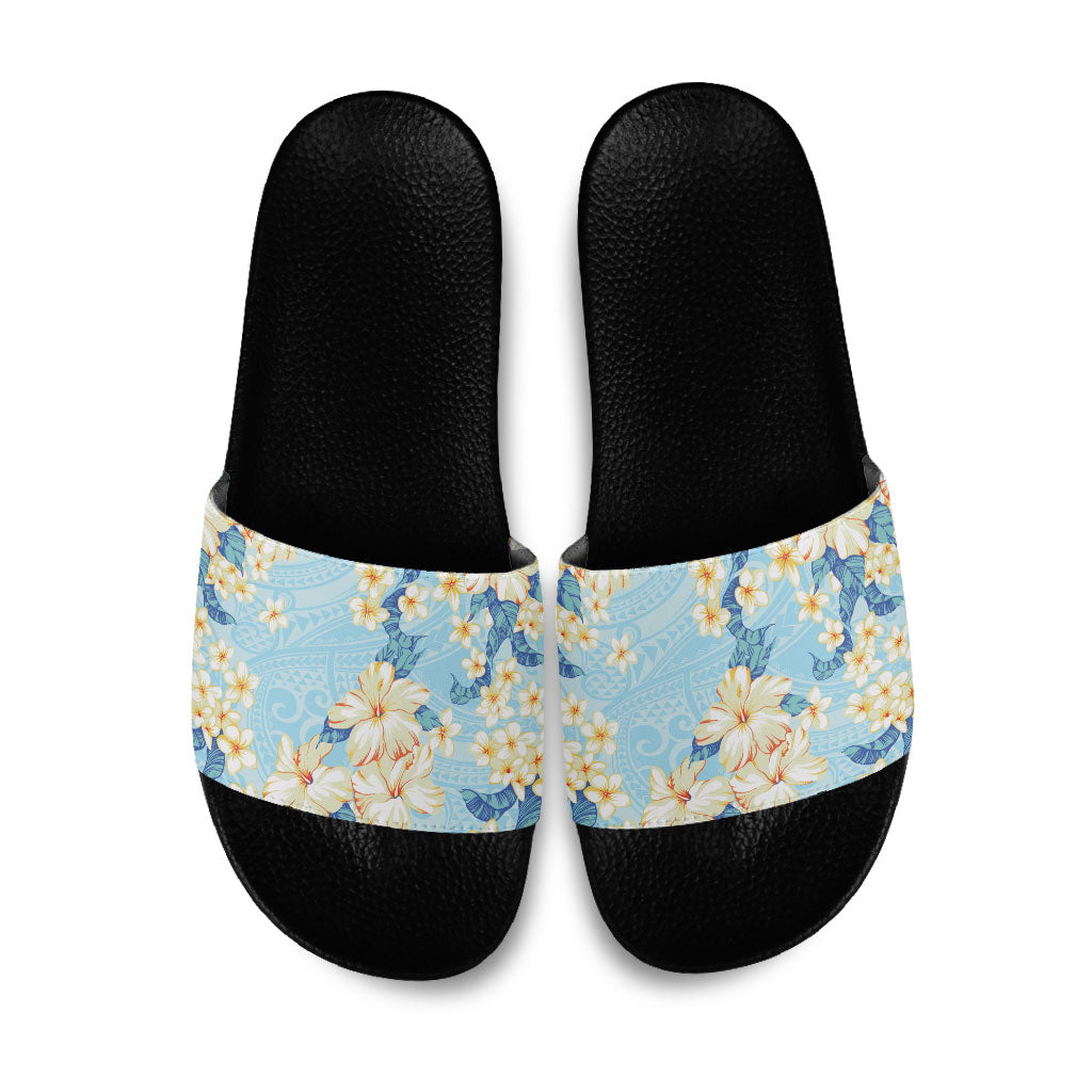 Hawaii Hibiscus Plumeria Blue Slide Sandals Polynesian Pattern LT01 Blue - Polynesian Pride