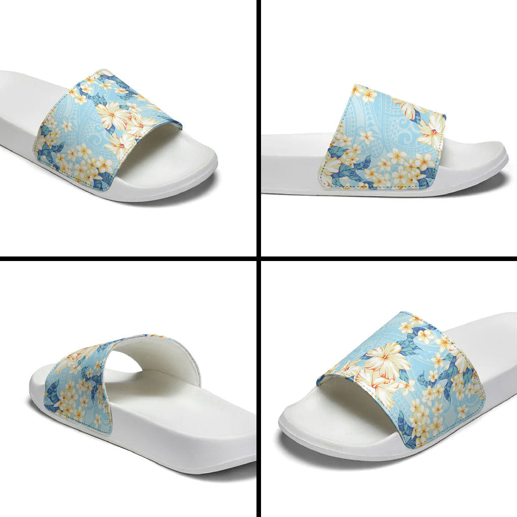 Hawaii Hibiscus Plumeria Blue Slide Sandals Polynesian Pattern LT01 - Polynesian Pride