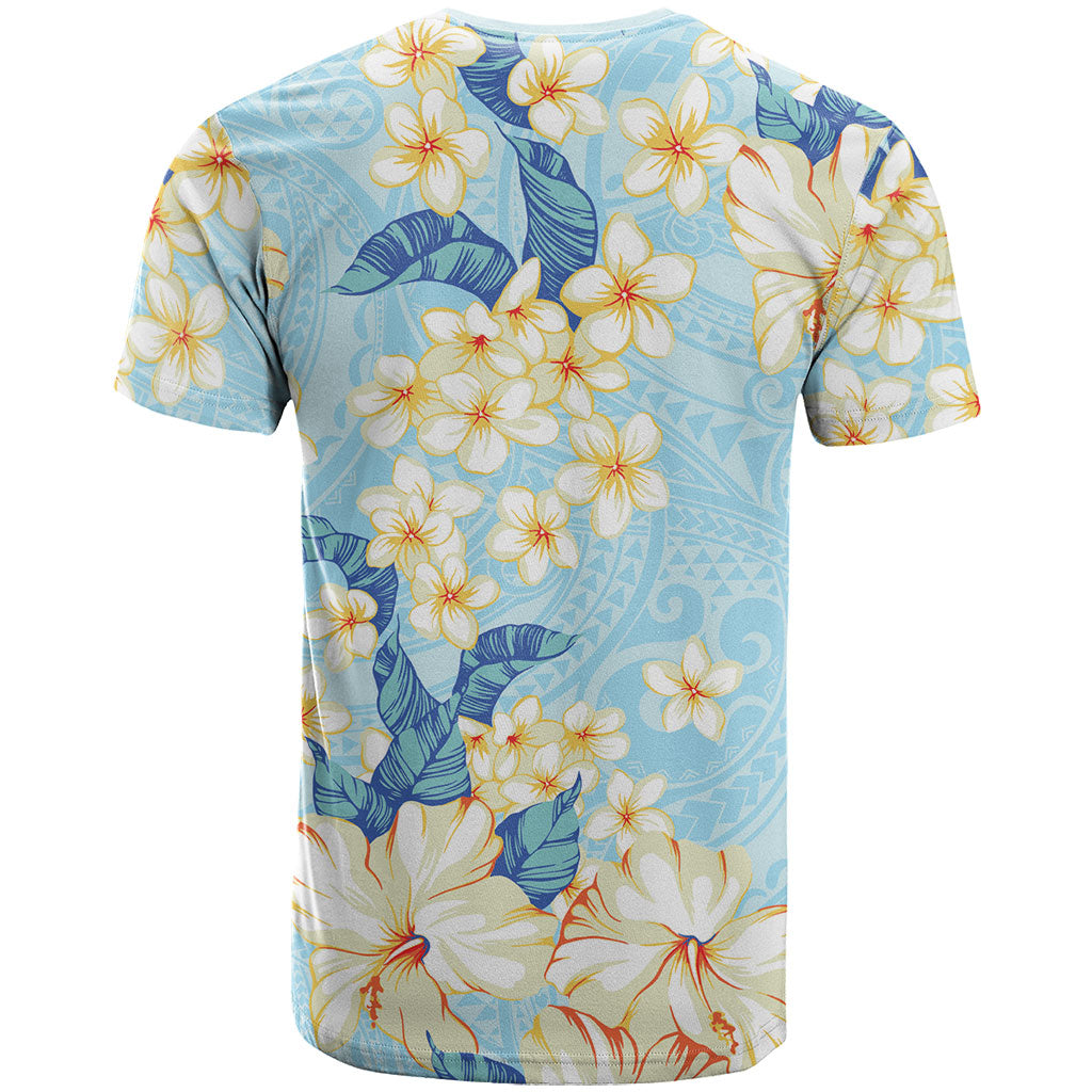 Hawaii Hibiscus Plumeria Blue T Shirt Polynesian Pattern