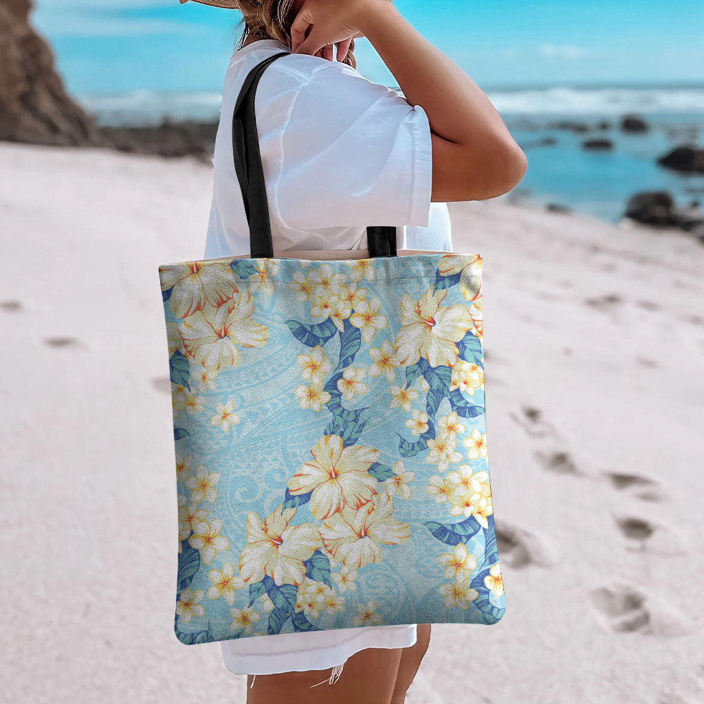 Hawaii Hibiscus Plumeria Blue Tote Bag Polynesian Pattern LT01 - Polynesian Pride
