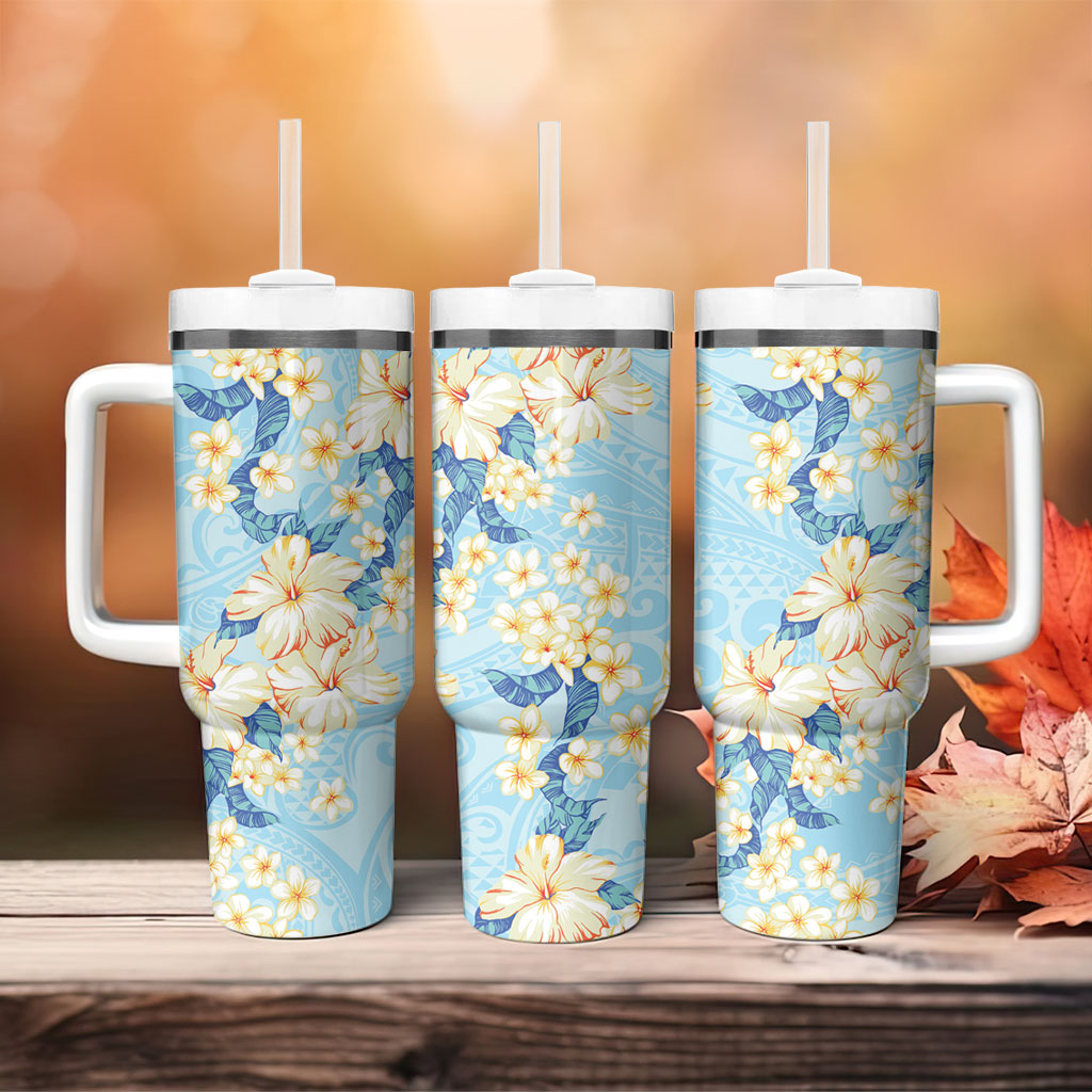 Hawaii Hibiscus Plumeria Blue Tumbler With Handle Polynesian Pattern LT01 - Polynesian Pride