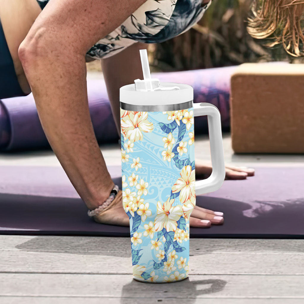 Hawaii Hibiscus Plumeria Blue Tumbler With Handle Polynesian Pattern LT01 - Polynesian Pride