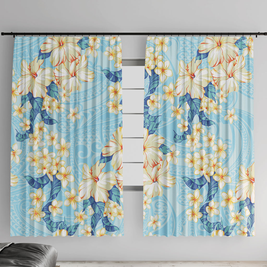 Hawaii Hibiscus Plumeria Blue Window Curtain Polynesian Pattern LT01 With Hooks Blue - Polynesian Pride