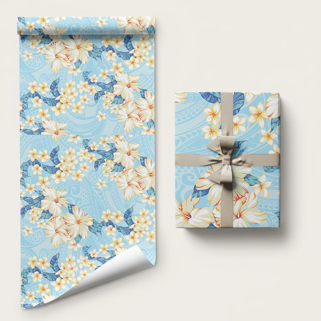 Hawaii Hibiscus Plumeria Blue Wrapping Paper Polynesian Pattern LT01 58" × 23" Blue - Polynesian Pride