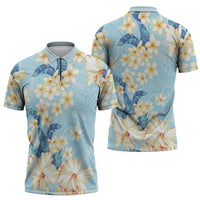 Hawaii Hibiscus Plumeria Blue Zipper Polo Shirt Polynesian Pattern
