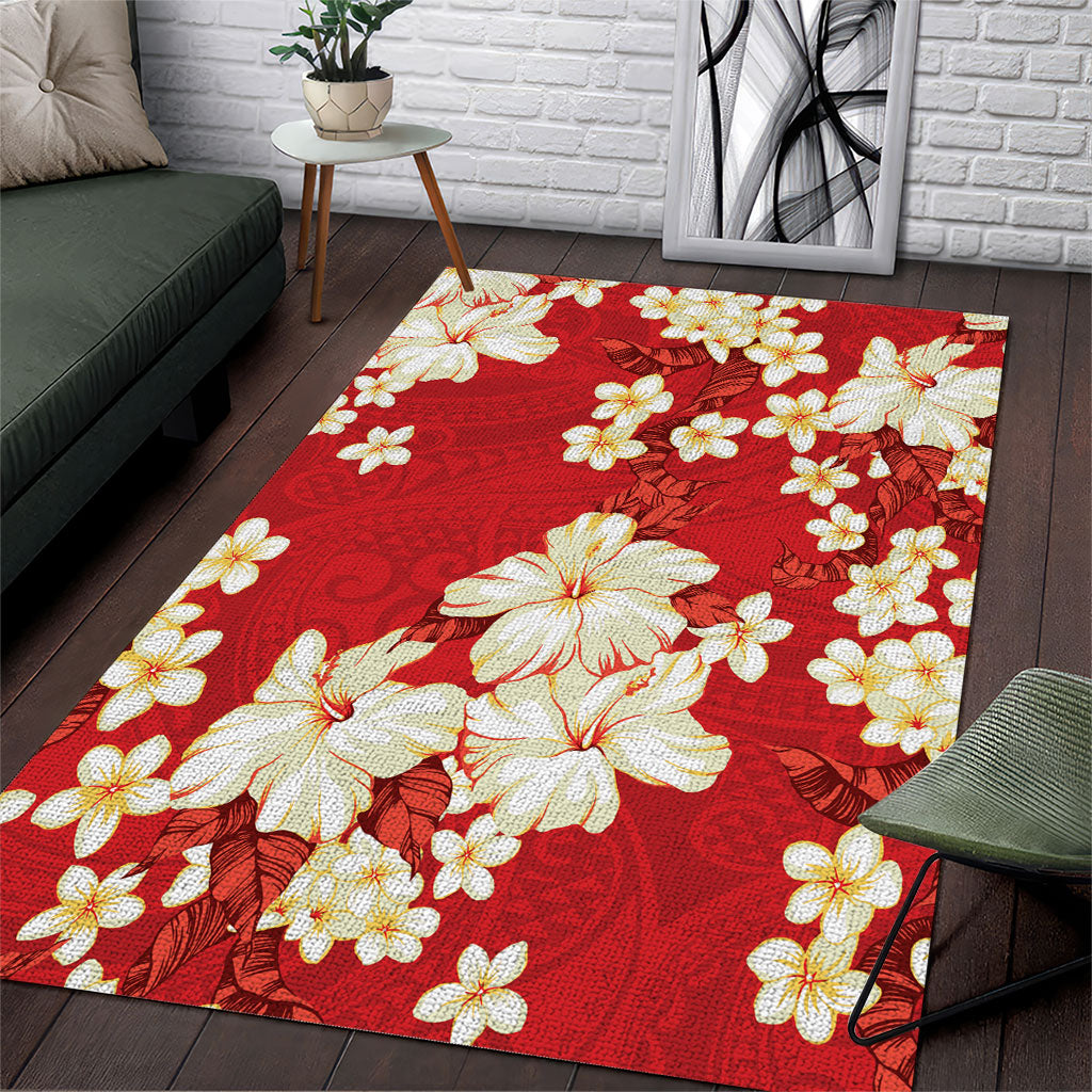 Hawaii Hibiscus Plumeria Red Area Rug Polynesian Pattern LT01 Red - Polynesian Pride