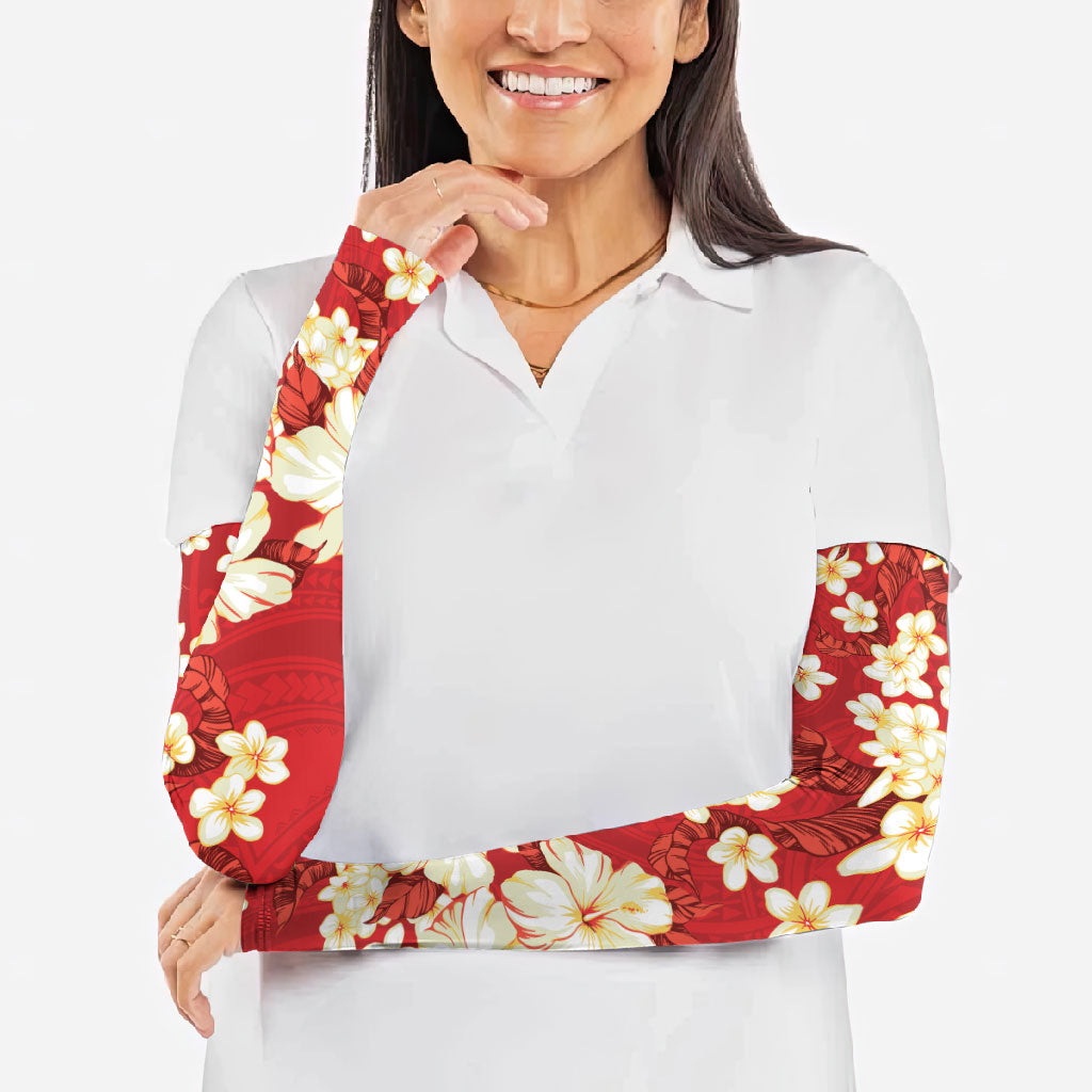 Hawaii Hibiscus Plumeria Red Arm Sleeves Polynesian Pattern LT01 - Polynesian Pride