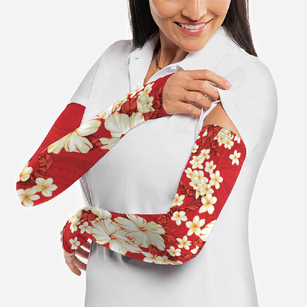 Hawaii Hibiscus Plumeria Red Arm Sleeves Polynesian Pattern LT01 - Polynesian Pride