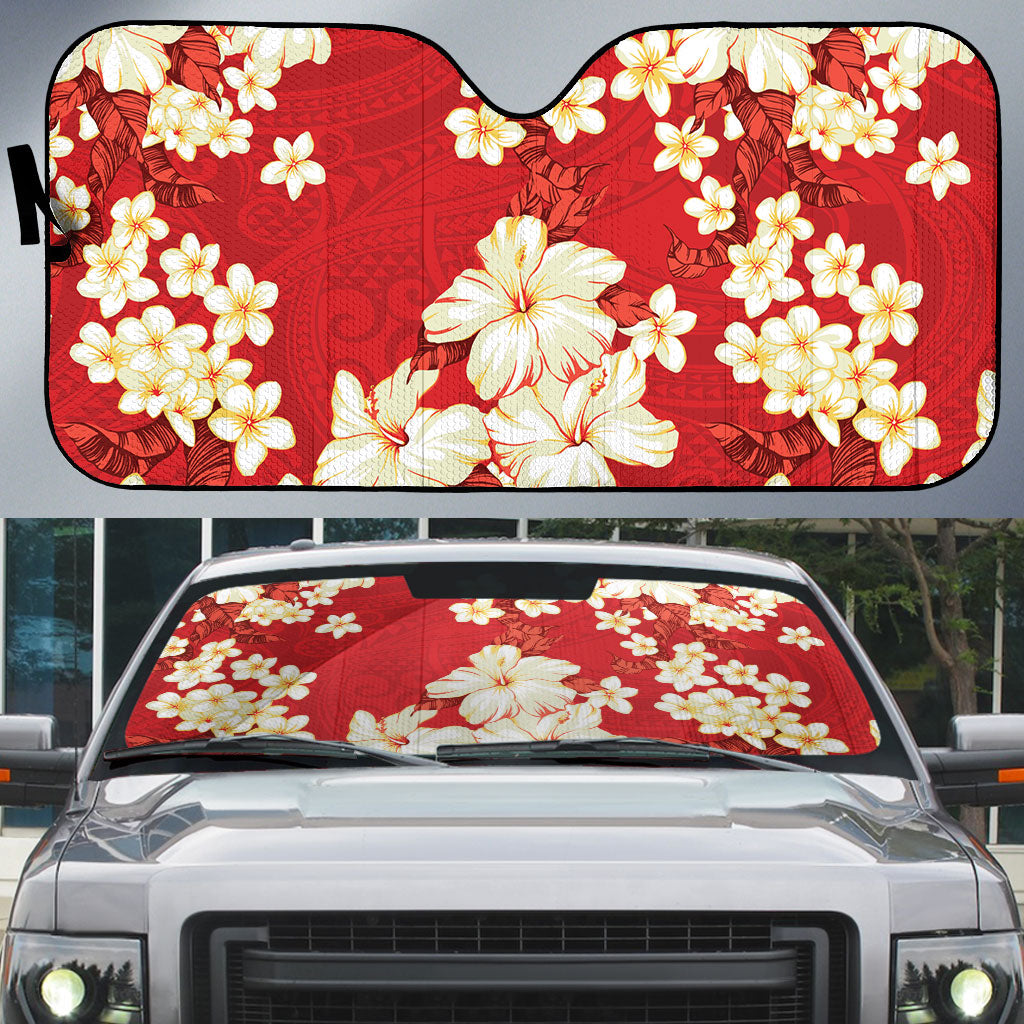 Hawaii Hibiscus Plumeria Red Auto Sun Shade Polynesian Pattern LT01 Red - Polynesian Pride