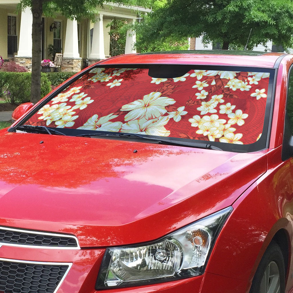 Hawaii Hibiscus Plumeria Red Auto Sun Shade Polynesian Pattern LT01 - Polynesian Pride
