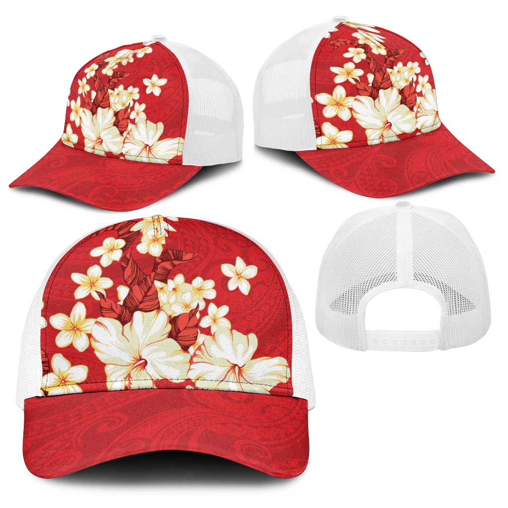 Hawaii Hibiscus Plumeria Red Baseball Net Cap Polynesian Pattern LT01 - Polynesian Pride