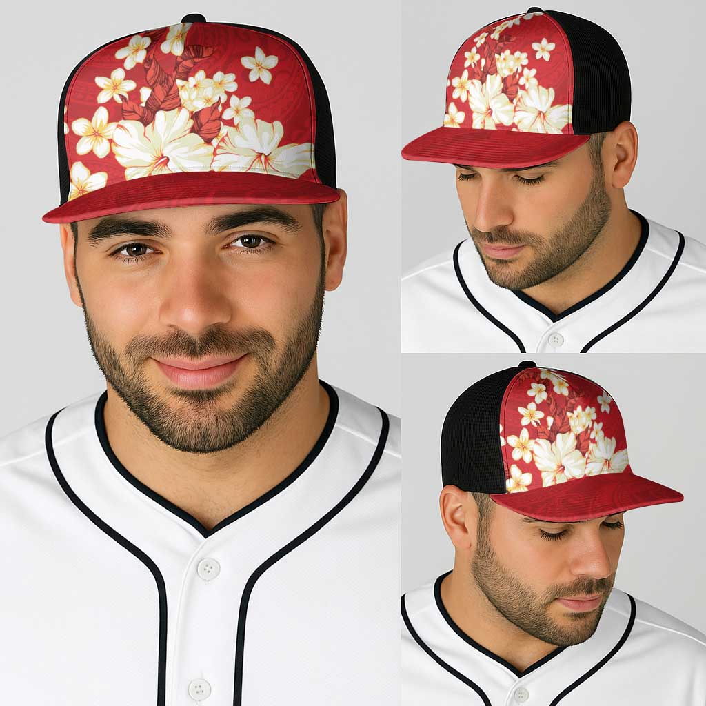 Hawaii Hibiscus Plumeria Red Baseball Net Cap Polynesian Pattern LT01 - Polynesian Pride