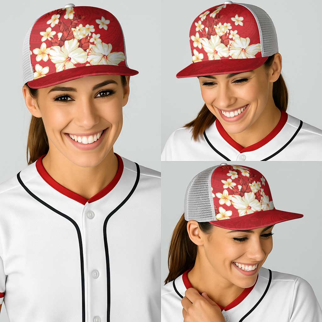 Hawaii Hibiscus Plumeria Red Baseball Net Cap Polynesian Pattern LT01 - Polynesian Pride