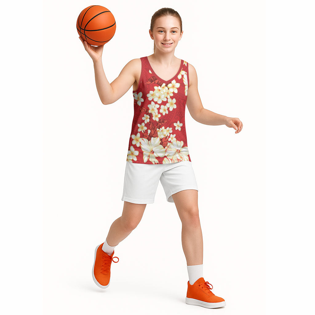 Hawaii Hibiscus Plumeria Red Basketball Jersey Polynesian Pattern LT01 - Polynesian Pride