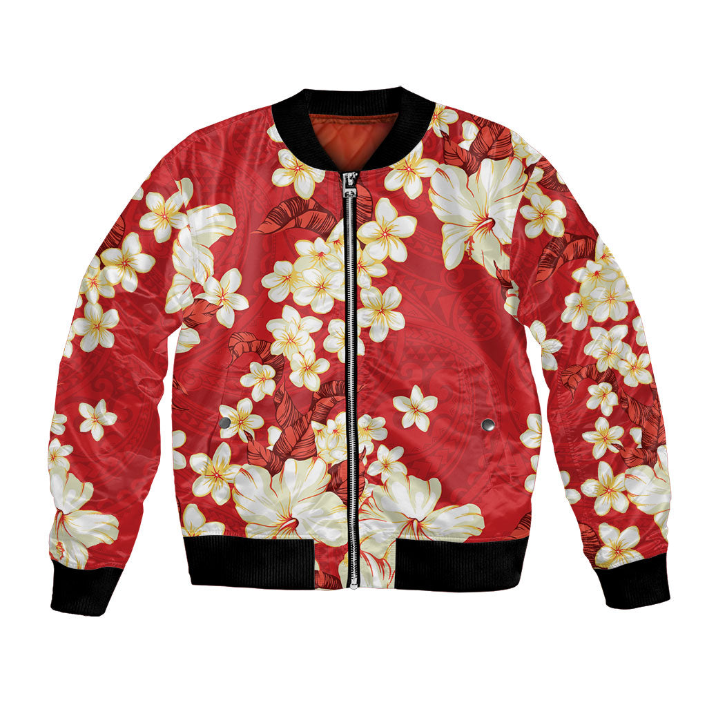 Hawaii Hibiscus Plumeria Red Bomber Jacket Polynesian Pattern LT01 Unisex Red - Polynesian Pride