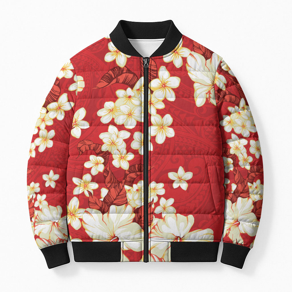 Hawaii Hibiscus Plumeria Red Bomber Puffer Jacket Polynesian Pattern LT01 Unisex Red - Polynesian Pride