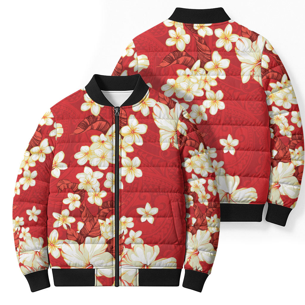 Hawaii Hibiscus Plumeria Red Bomber Puffer Jacket Polynesian Pattern LT01 - Polynesian Pride