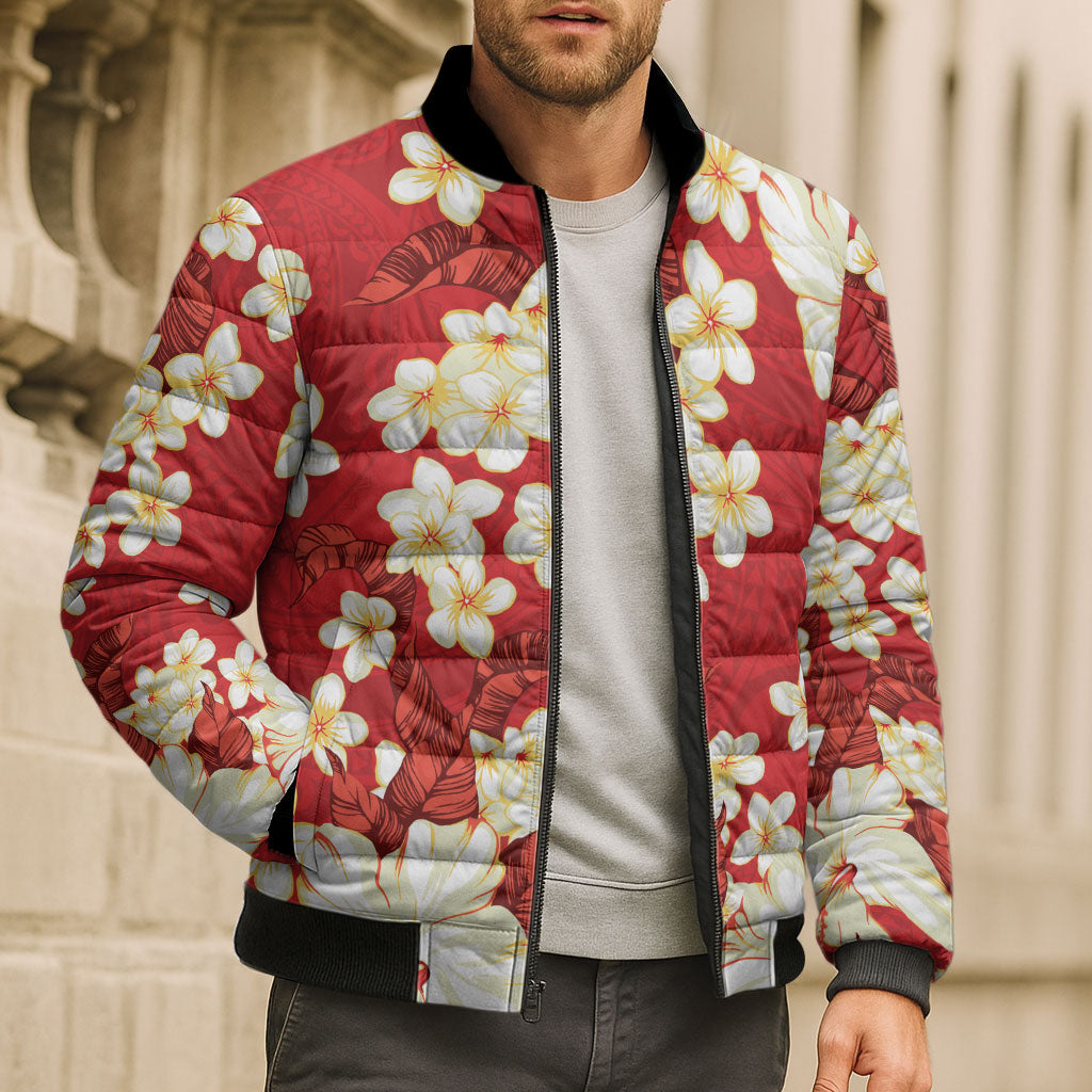 Hawaii Hibiscus Plumeria Red Bomber Puffer Jacket Polynesian Pattern LT01 - Polynesian Pride