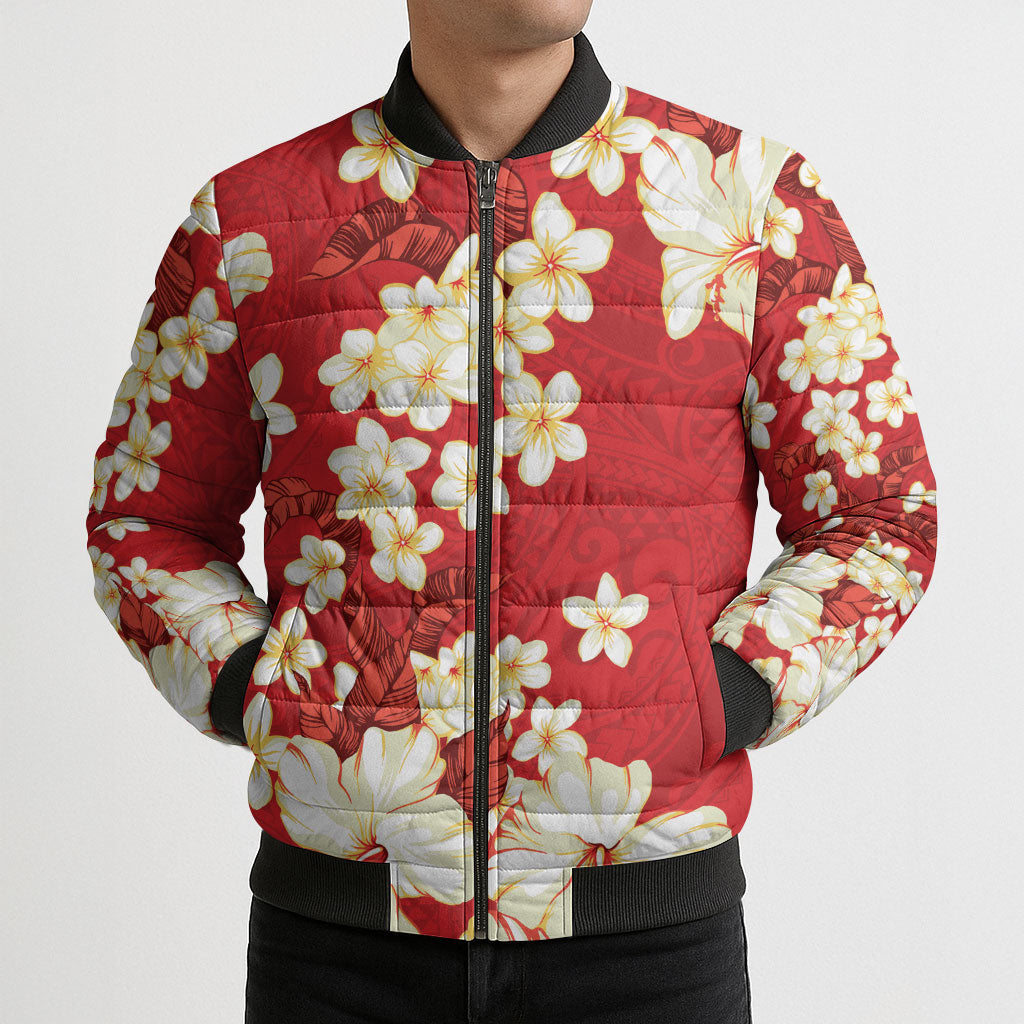 Hawaii Hibiscus Plumeria Red Bomber Puffer Jacket Polynesian Pattern LT01 - Polynesian Pride