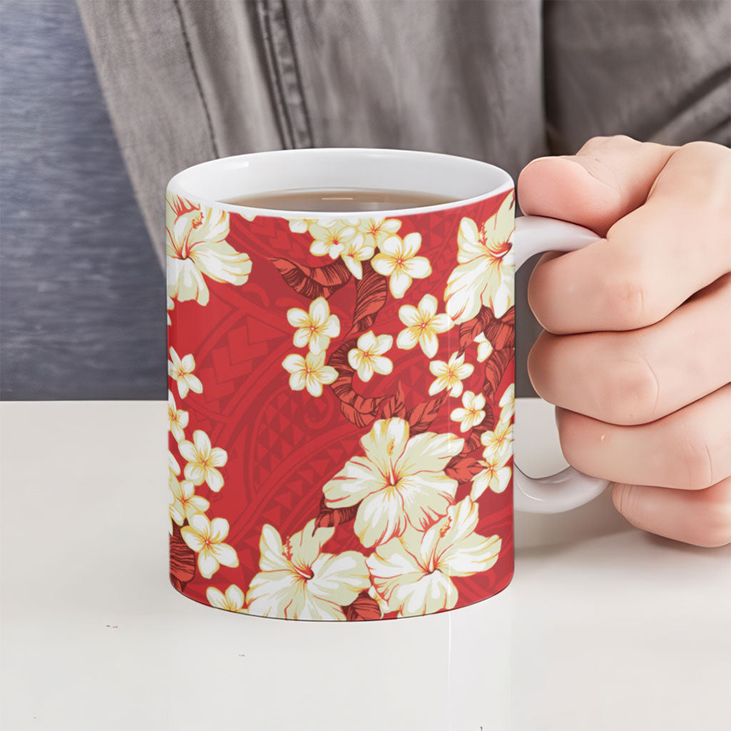 Hawaii Hibiscus Plumeria Red Ceramic Mug Polynesian Pattern LT01 - Polynesian Pride