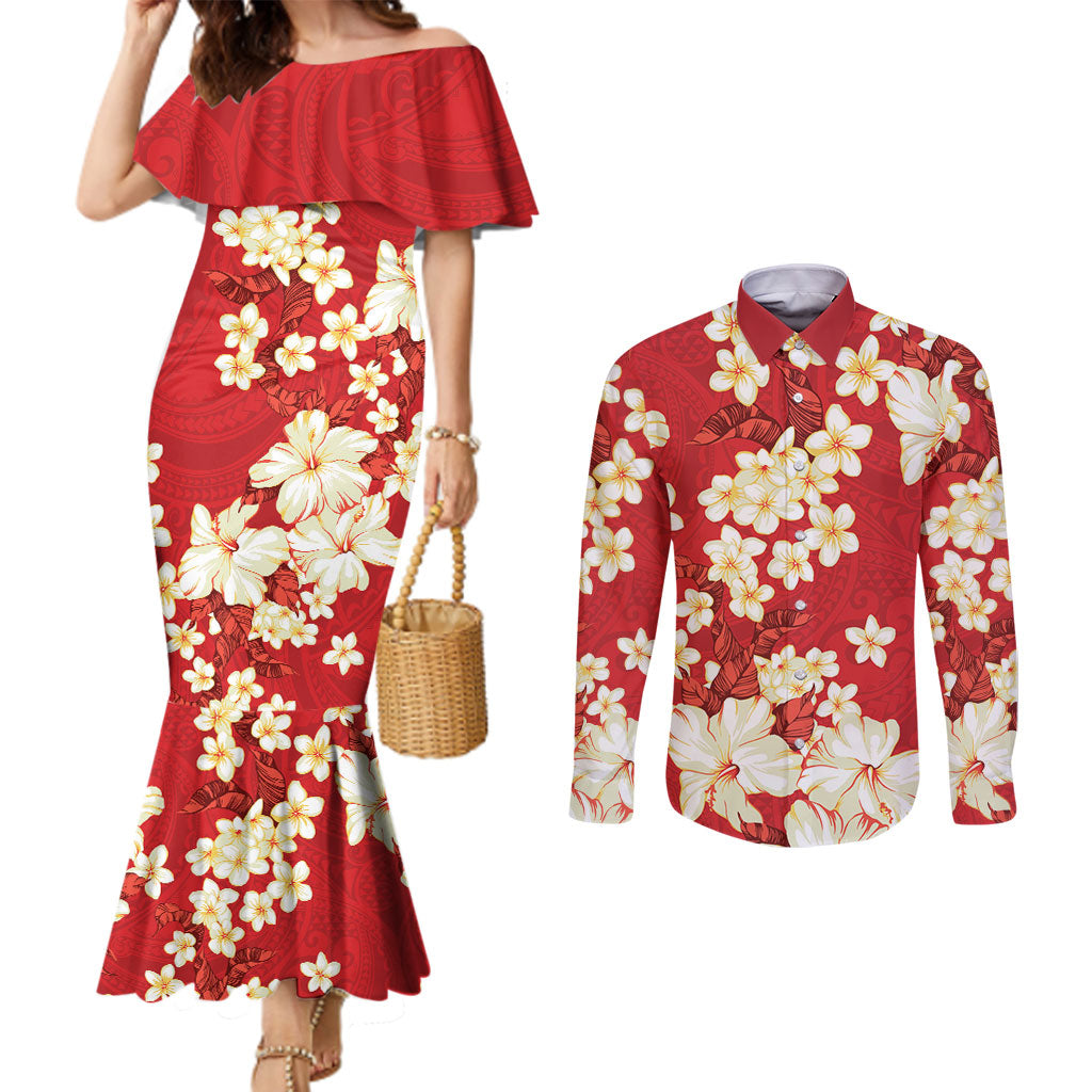 Hawaii Hibiscus Plumeria Red Couples Matching Mermaid Dress and Long Sleeve Button Shirt Polynesian Pattern