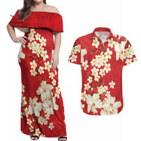 Hawaii Hibiscus Plumeria Red Couples Matching Off Shoulder Maxi Dress and Hawaiian Shirt Polynesian Pattern