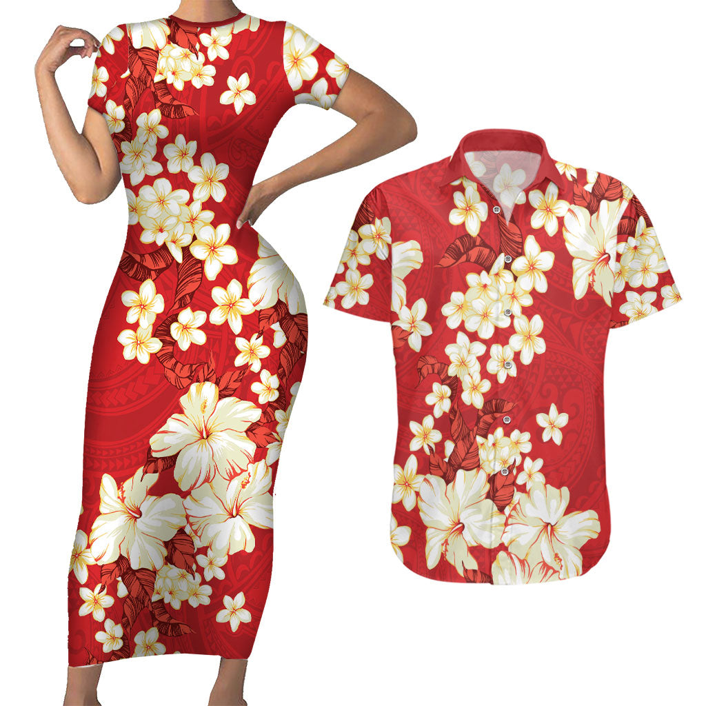 Hawaii Hibiscus Plumeria Red Couples Matching Short Sleeve Bodycon Dress and Hawaiian Shirt Polynesian Pattern