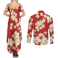 Hawaii Hibiscus Plumeria Red Couples Matching Summer Maxi Dress and Long Sleeve Button Shirt Polynesian Pattern